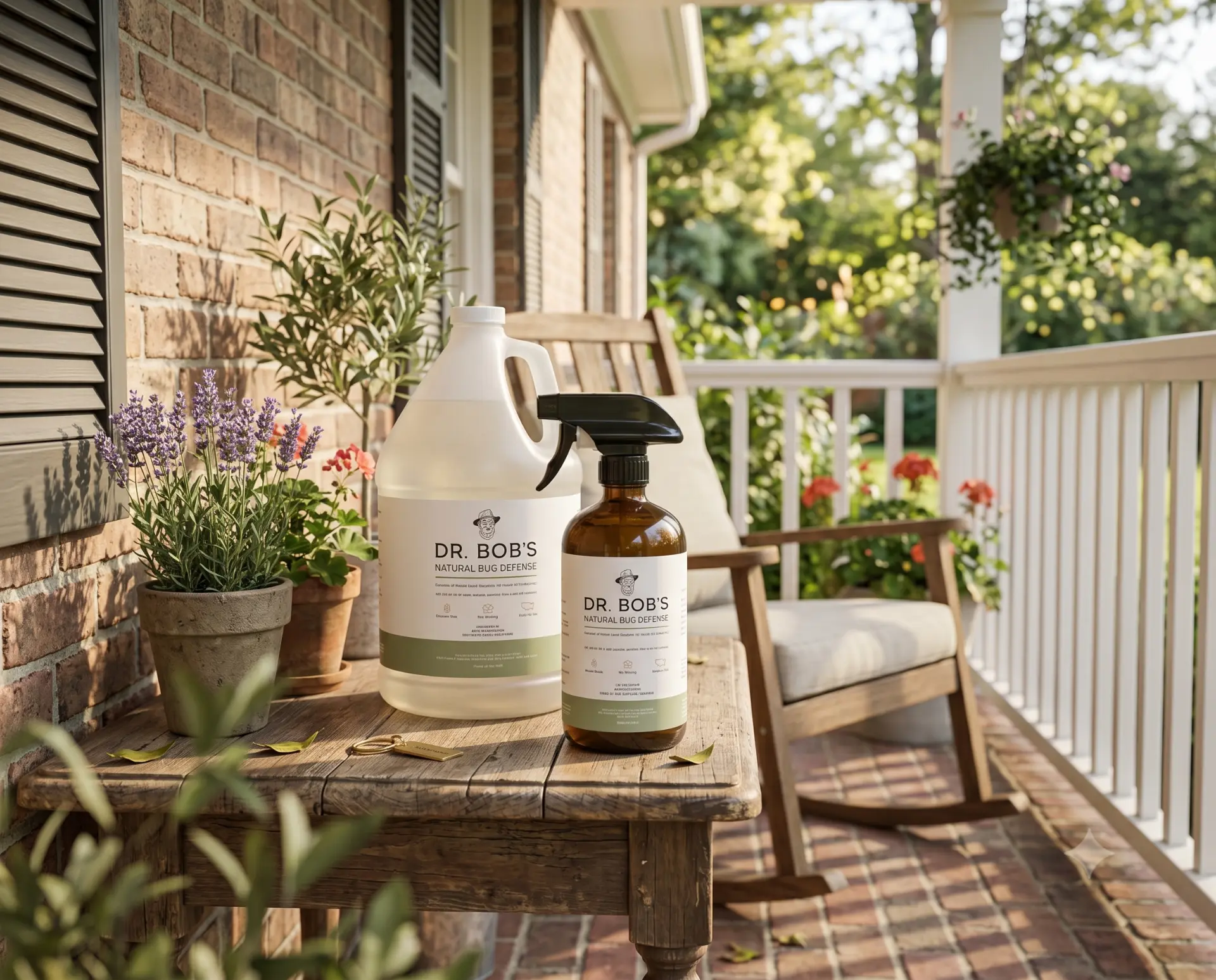 Dr. Bob's Natural Bug Defense 16 oz spray bottle and 1 gallon refill jug on a sunlit front porch table