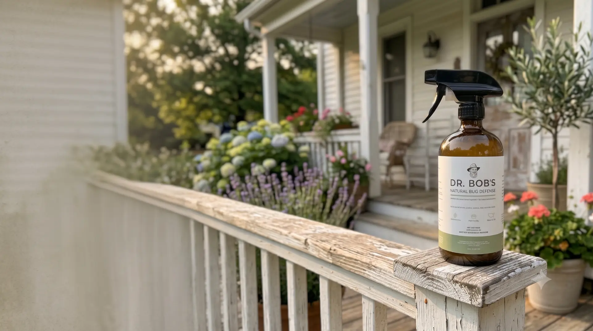 Dr. Bob's Natural Bug Defense spray bottle on a sunlit Louisiana porch railing
