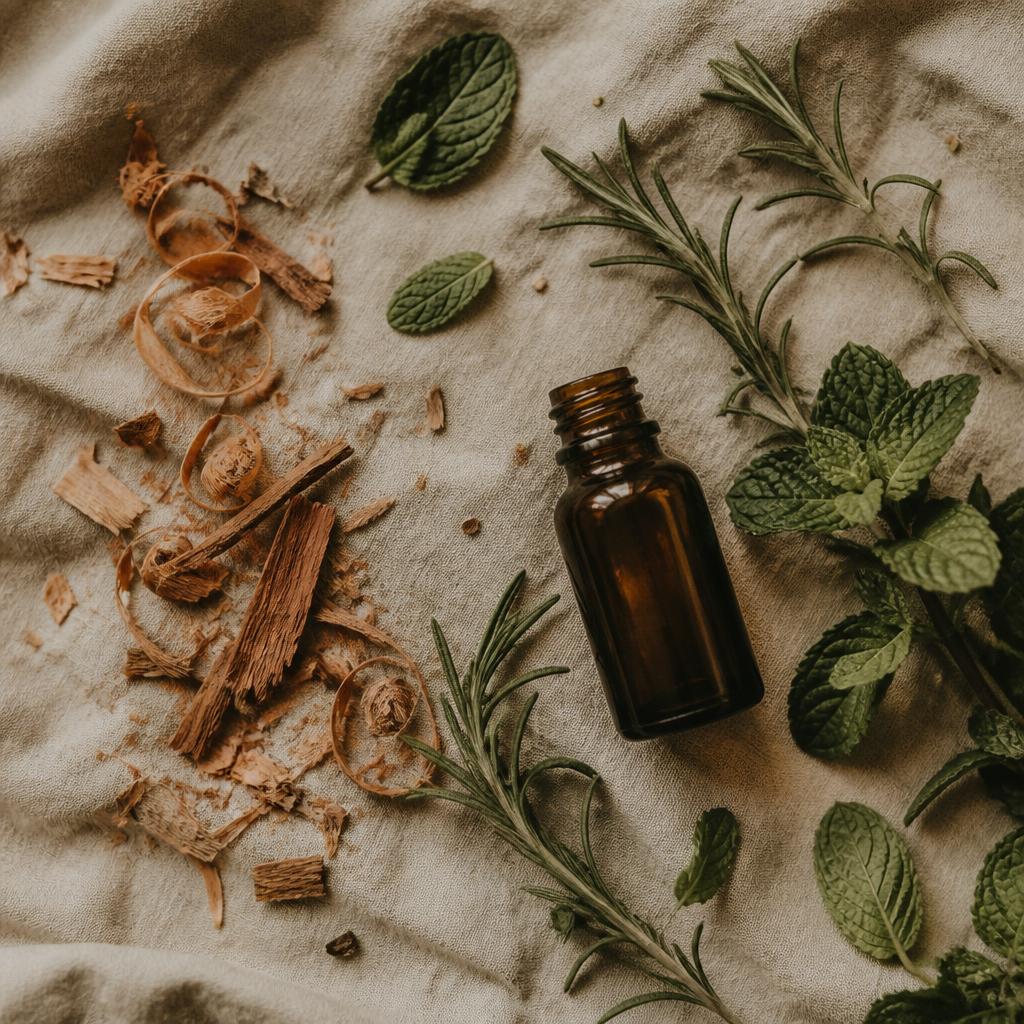 Cedar shavings, fresh rosemary sprigs, peppermint leaves and a small unlabeled amber glass bottle arranged on warm cream linen