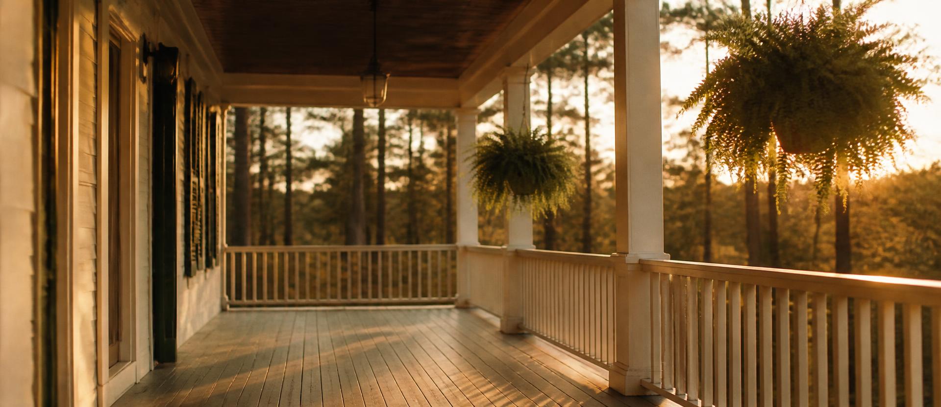 An empty Southern porch at golden hour with painted wood boards, hanging ferns and pine trees beyond the railing